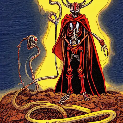 Prompt: A beautiful computer art of a horned, red-eyed, skeleton-like creature, with a long black cape, and a staff with a snake wrapped around it, standing in front of a castle atop a cliff. deep indigo, burnt sienna by Todd McFarlane ordered