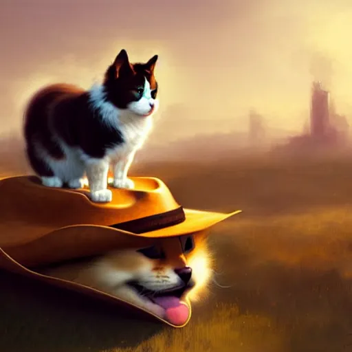 Prompt: fluffy cat in cowboy hat like a tiny girl riding on the back of a giant corgi, by greg rutkowski