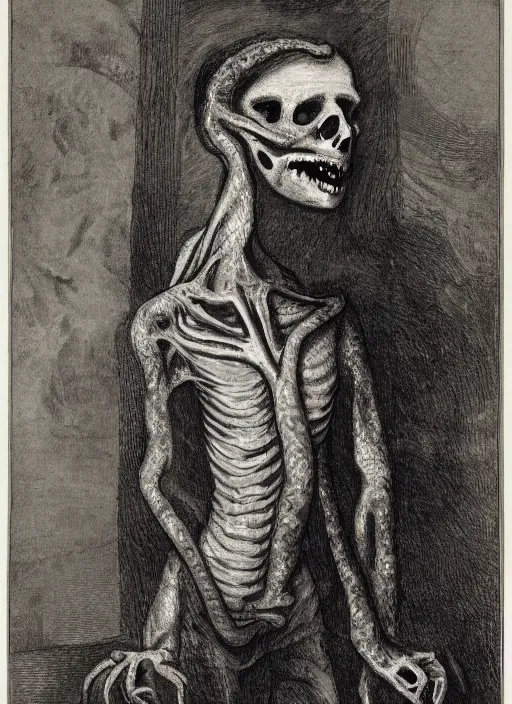 Image similar to A skeletally thin bodied man with long and thin hands and a chalk-white skull-like face with snake-like slits for nostrils, red eyes and cat-like slits for pupils