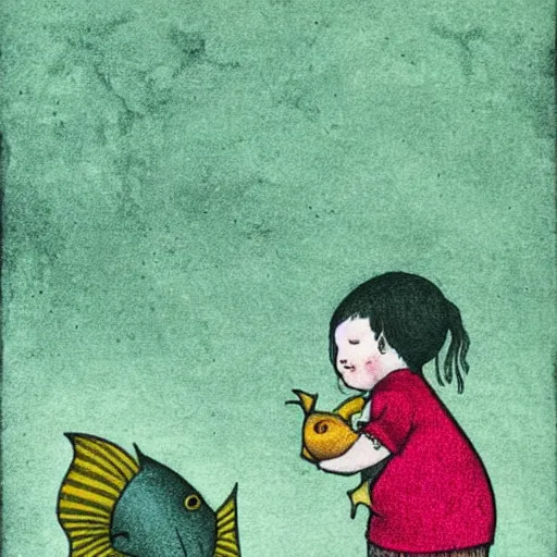 Image similar to the same style. the most beautiful little fat sweet girl is kissing a colorful cute fish. modern etching. colored print. hype realistic scene.