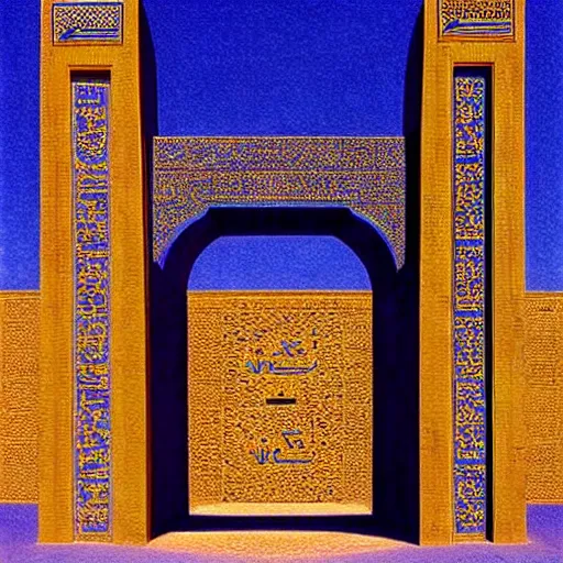 Prompt: A portal to a luminous dimension, the portal is shaped like the Ishtar Gate, Ishtar Gate, mesopotamic, fantasy, magic portal, art by James Gurney, James Gurney, 8K