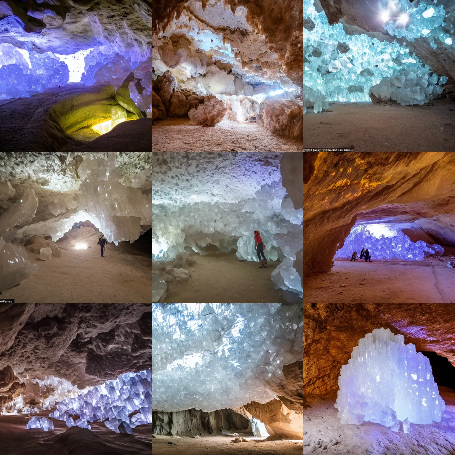 Prompt: an enormous brightly lit cave filled with giant clear quartz crystal formations