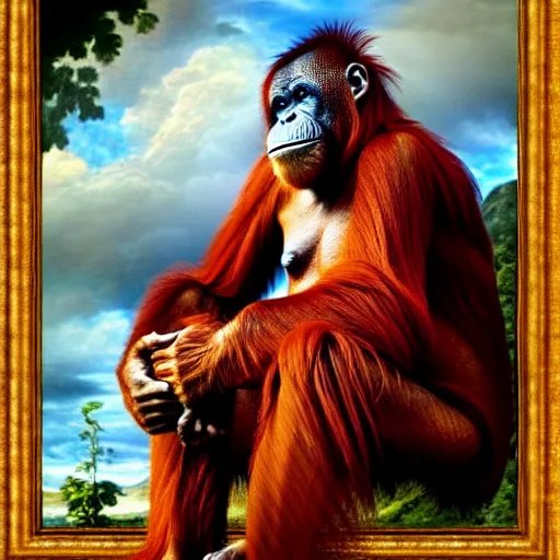 Image similar to a orangutan as the king of a kingdom sitting on his throne, digital art, renaissance painting, fantasy art, ultra detailed, as coherent as Dall-E 2