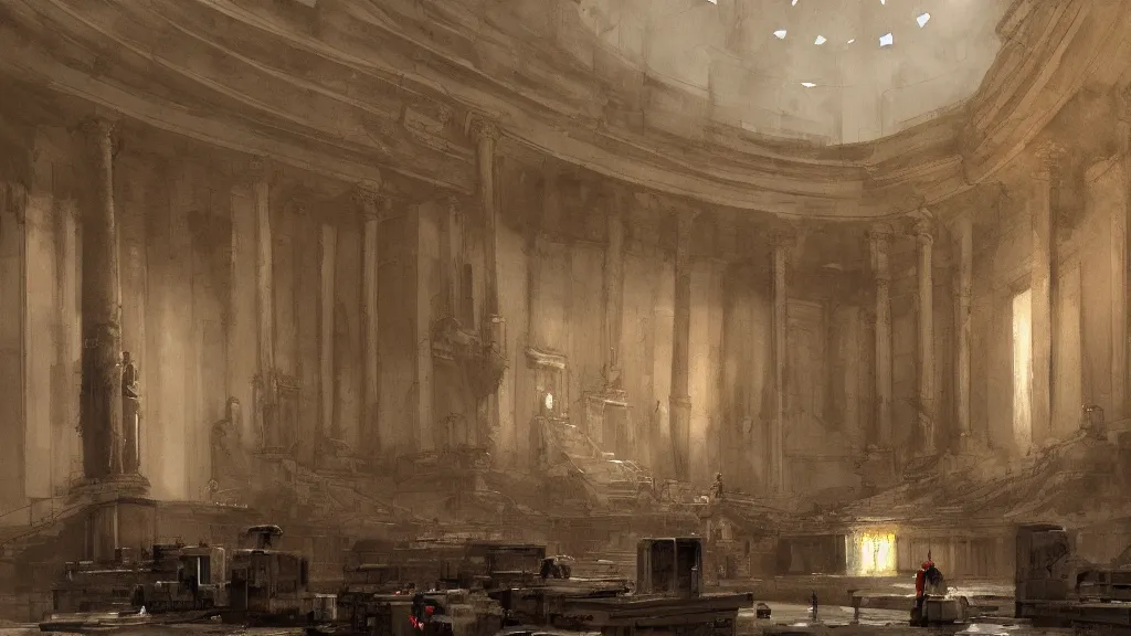 Image similar to interior of roman senate, watercolored, jakub rozalski, dark colours, dieselpunk, artstation