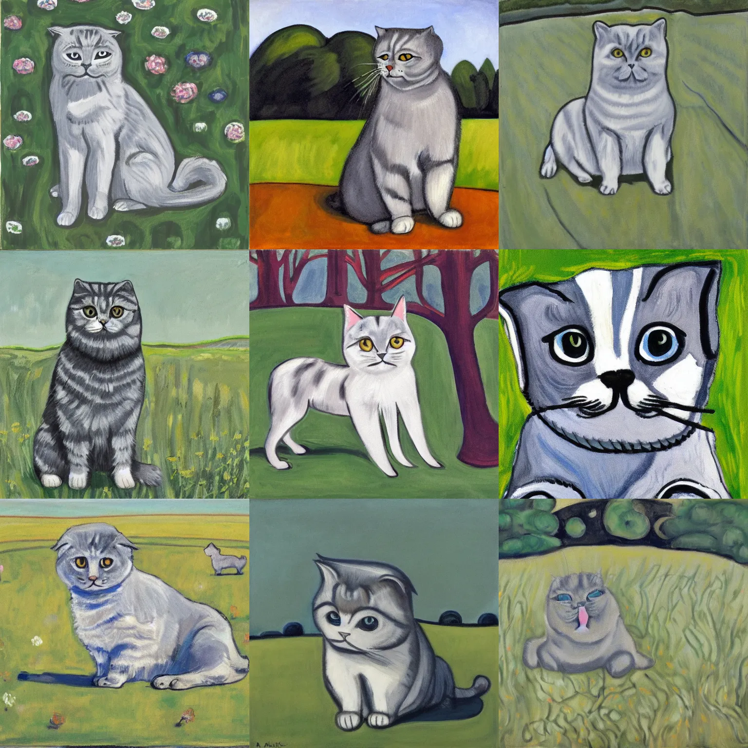 Prompt: a gray scottish fold sitting in the middle of sunny meadow, by alice neel