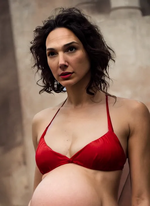 Image similar to cinematic photography of pregnant gal gadot in a red bikini, intricate, elegant, highly detailed, smooth, sharp focus, symmetrical face, fine details, masterpiece, trending on artstation, 4 k hdr 3 5 mm photography