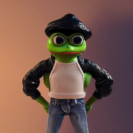 Image similar to perfectly accurate miniature figure of pepe the frog wearing jeans and a black leather jacket, soft textures, skin texture, clothing, 3d sculpture, textured, fine detail, lifelike, photo, high resolution, octane render, post processing, after effects, trending on artstation