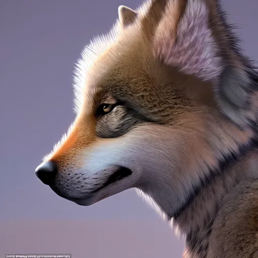 Image similar to professional stylized full - body digital art of a side profile of a tibetan wolf, light tan fur, fluffy, falling leaves, hd, 8 k, highly detailed, high quality, cute