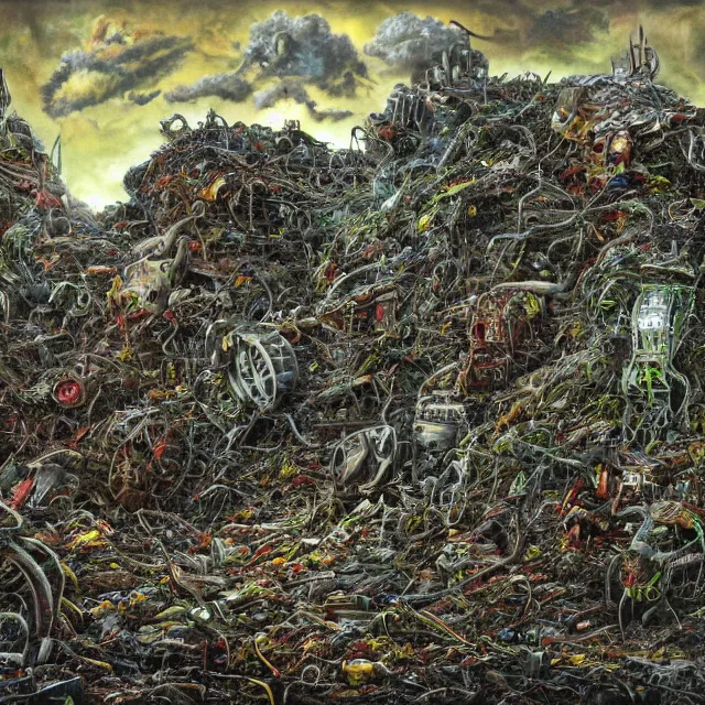 Image similar to a machine made of rubbish with long arms devours other rubbish and creatures in a giant rubbish heap full of strange and terrifying creatures, under a green sky in the distance, bones, corpses, monsters, hell, distorted, creepy, illustration, by dan seagrave, cinematic photographym, cinematic, ue 5, metal album cover art