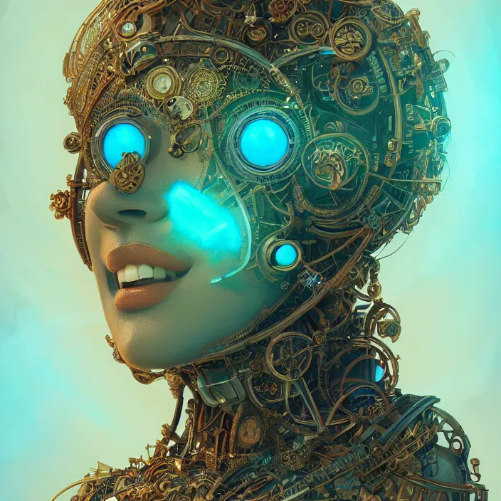 Image similar to beautiful smiling symmetrical face portrait android woman time machine axonometric mechanical fantasy intricate elegant highly detailed in volumetric void of latent space, lush flowers intricate jewellery, realm of the gods golden turquoise steampunk, axonometric high contrast cinematic light, mystical shadows, digital painting, sharp focus, octane render, photographic, concept art, artist leonardo davinci, unreal engine 8 k