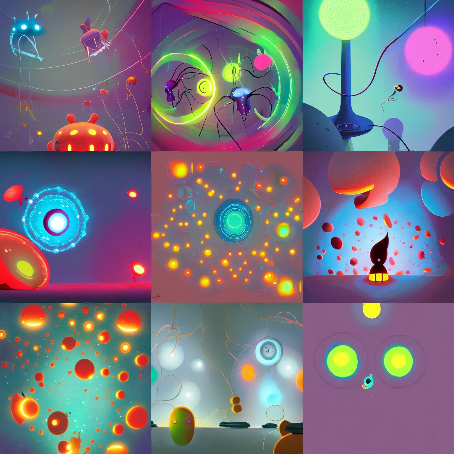 Prompt: quantum connections represented as symbiotic organisms like cells playing around with colorful lights by goro fujita, abstract, concept art