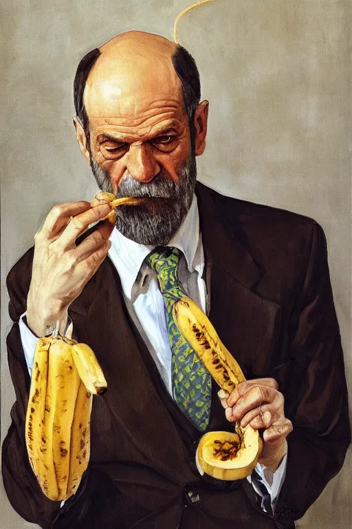 Image similar to portrait of sigmund freud eating one banana, twirling a hula hoop, by frank mccarthy, by lucian freud