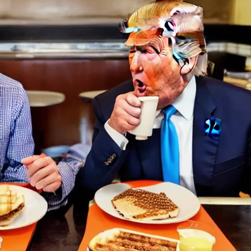 Image similar to photograph of trump and Biden sitting and eating breakfast at a Wafflehouse