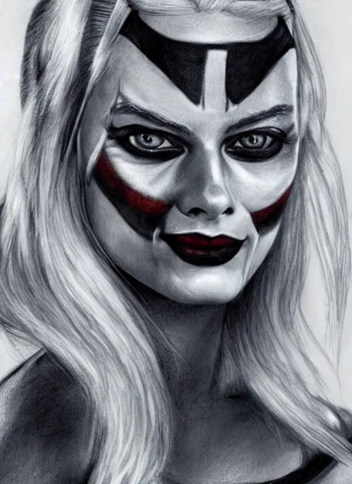 Image similar to a pencil drawing of margot robbie as harley quinn, hyper realistic, highly detailed