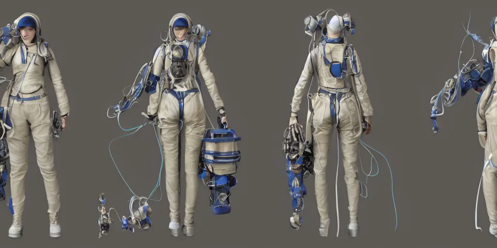 Image similar to front and back character view of a woman in scientist's jacket with a system of straps and pouches for collecting material by Donato Giancola and Tetsuya Nomura, trending on artstation and pixiv clean sci-fi concept art and sheet that using unreal engine 5 render and hyper detailed 3D texture with cinematic software light