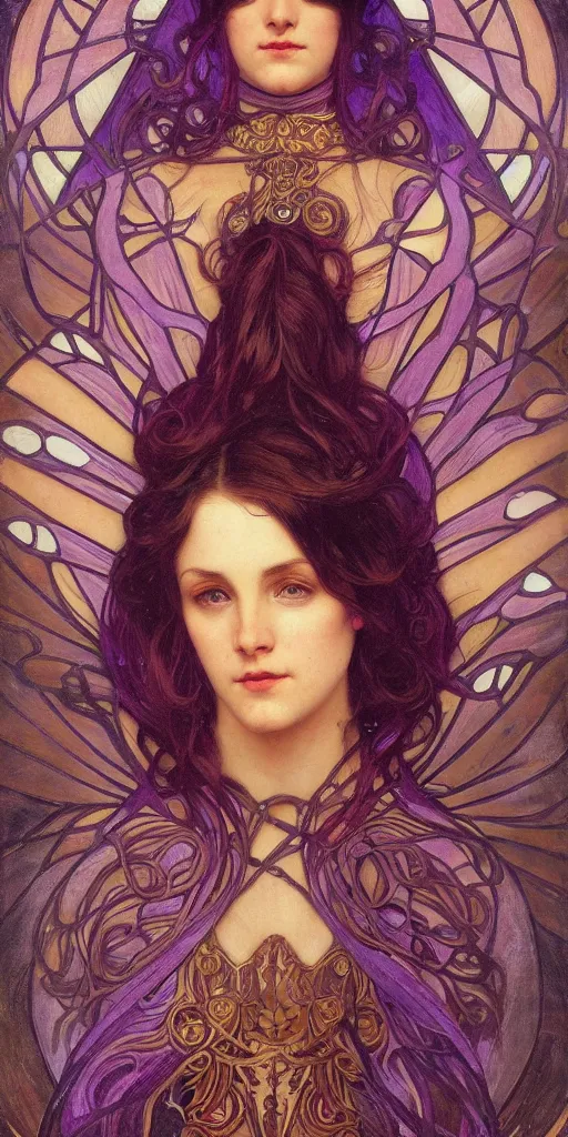 Image similar to purple, character portrait of purple energy, by waterhouse, by mucha, lean face, symmetrical face, face symmetry, cinematic lighting, beautiful, elegant, oil painting, cinematic, portrait, raphaelite, trending on artstation, intricate background