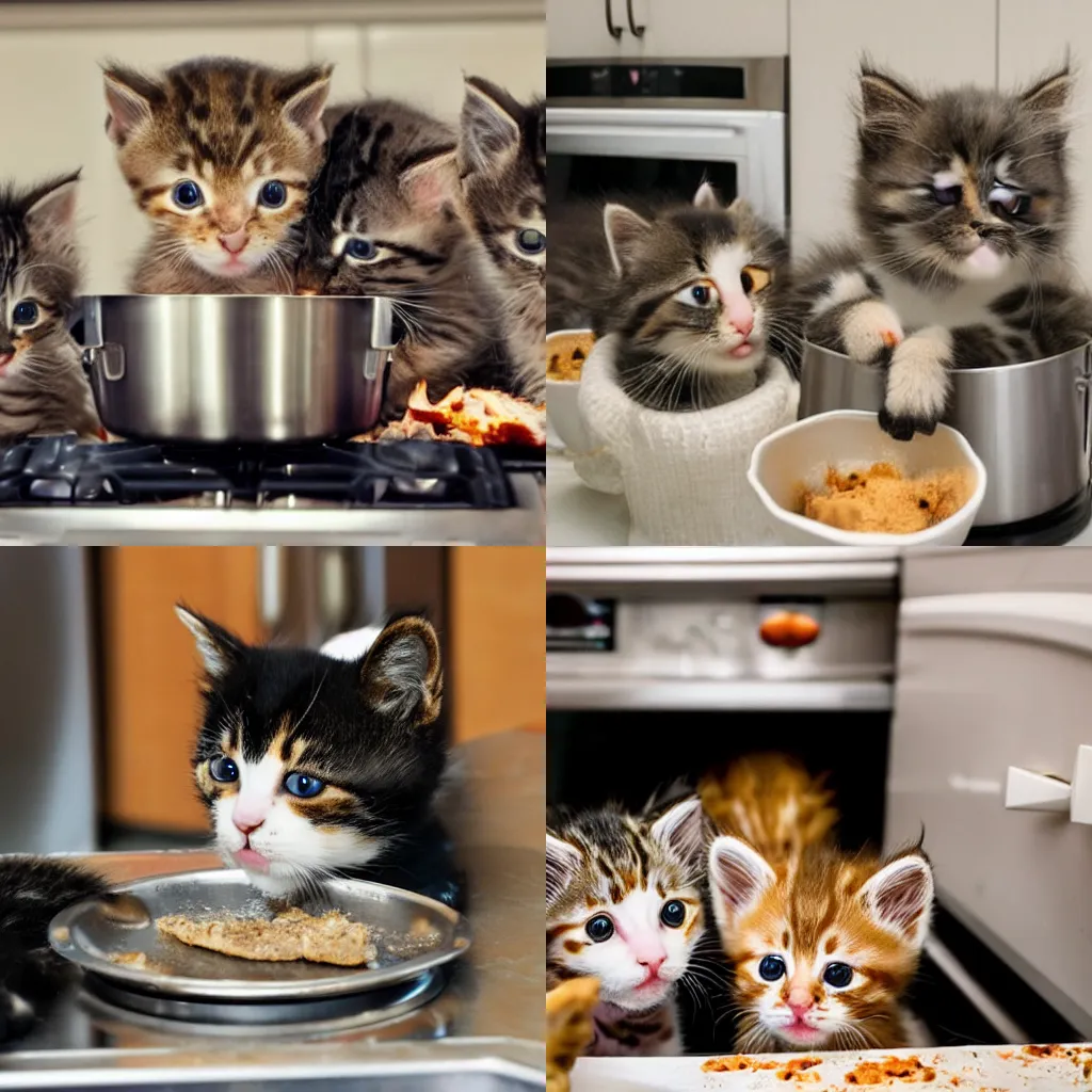 Prompt: kittens cooking in the kitchen