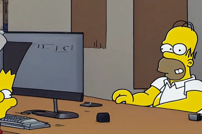 Prompt: Homer Simpson sits at the office table and monitors the fall of Bitcoin and is angry, CryEngine