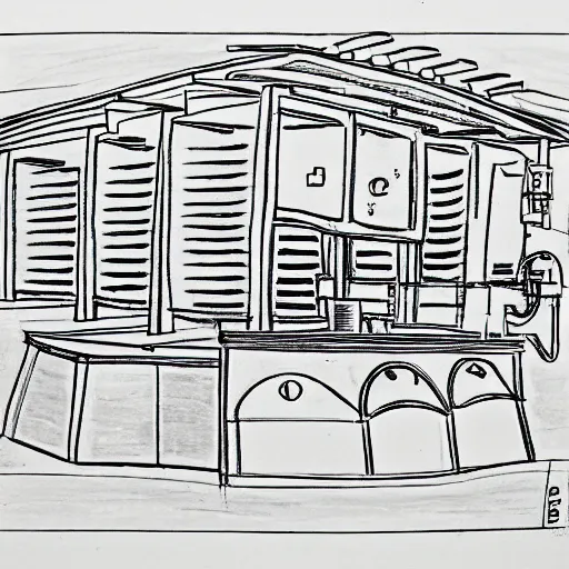 Prompt: line drawing of a furnace with people around it, pen on paper simple drawing by a 1 0 year old