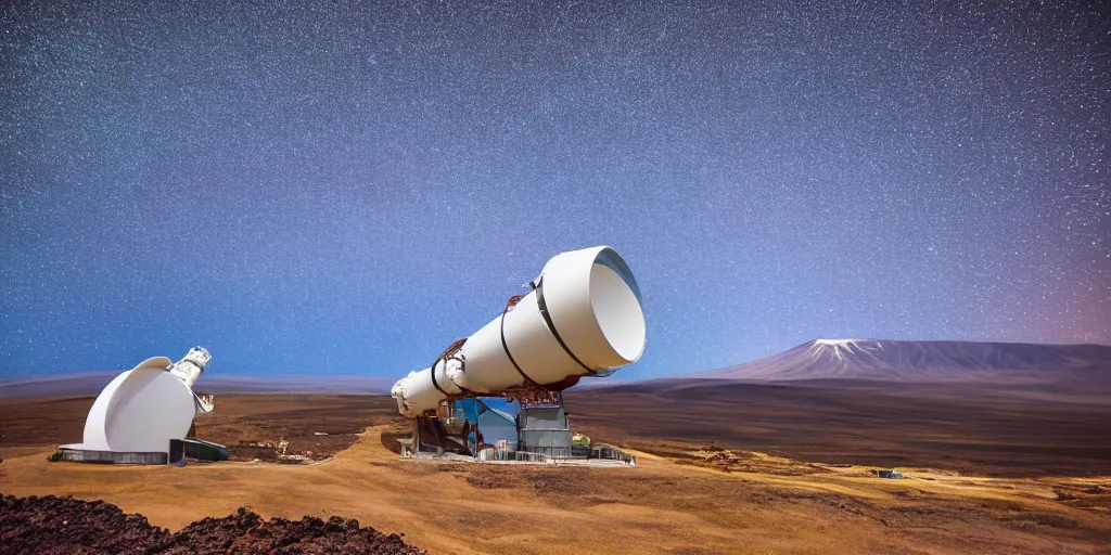 Prompt: huge telescope on mauna kea, big telescope in front, starry sky in background, blue color scheme, wide - angle lens, by hiroshige utakawa