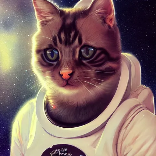 Image similar to head and shoulders masterpiece portrait of a cute adorable cat wearing a spacesuit, surreal background, digital art by krenz cushart, trending on artstation, cgsociety,