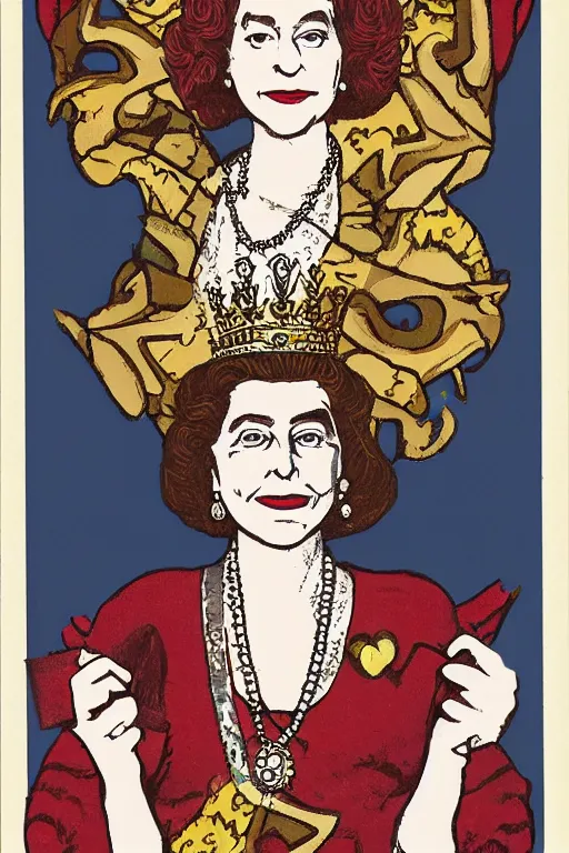 Image similar to queen elizabeth ii as quin of cards from alice in wonderlands