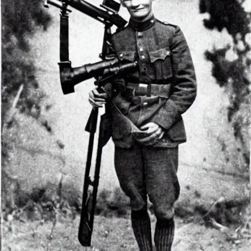 Image similar to old wartime photograph of vitalik buterin holding a lewis gun, 1 9 1 7