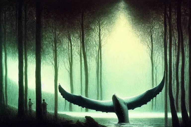 Prompt: whale swimming in forest, in the style of beksinski, intricate and epic composition, white by caravaggio, insanely quality, highly detailed, masterpiece, white light, artstation, 4 k
