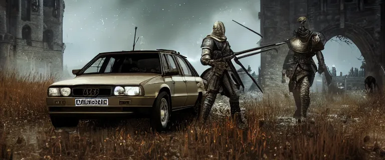 Prompt: Armored and Armed Military Audi 80 B3 Avant (1988) with a mounted M249 with soldiers on, Dark Souls 3, Eldritch Horrors, Wretched and Corrupted Knights, Battle, Fight, gunshots fired, a grim fantasy, Anor Londo, dramatic lighting, cinematic, establishing shot, extremely high detail, photorealistic, cinematic lighting, artstation, by simon stalenhag