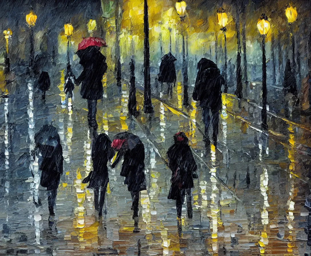 Image similar to a couple walking in the park, oil painting, night time, new york city, rain, wet walkway, park bench, street lights, soft tones