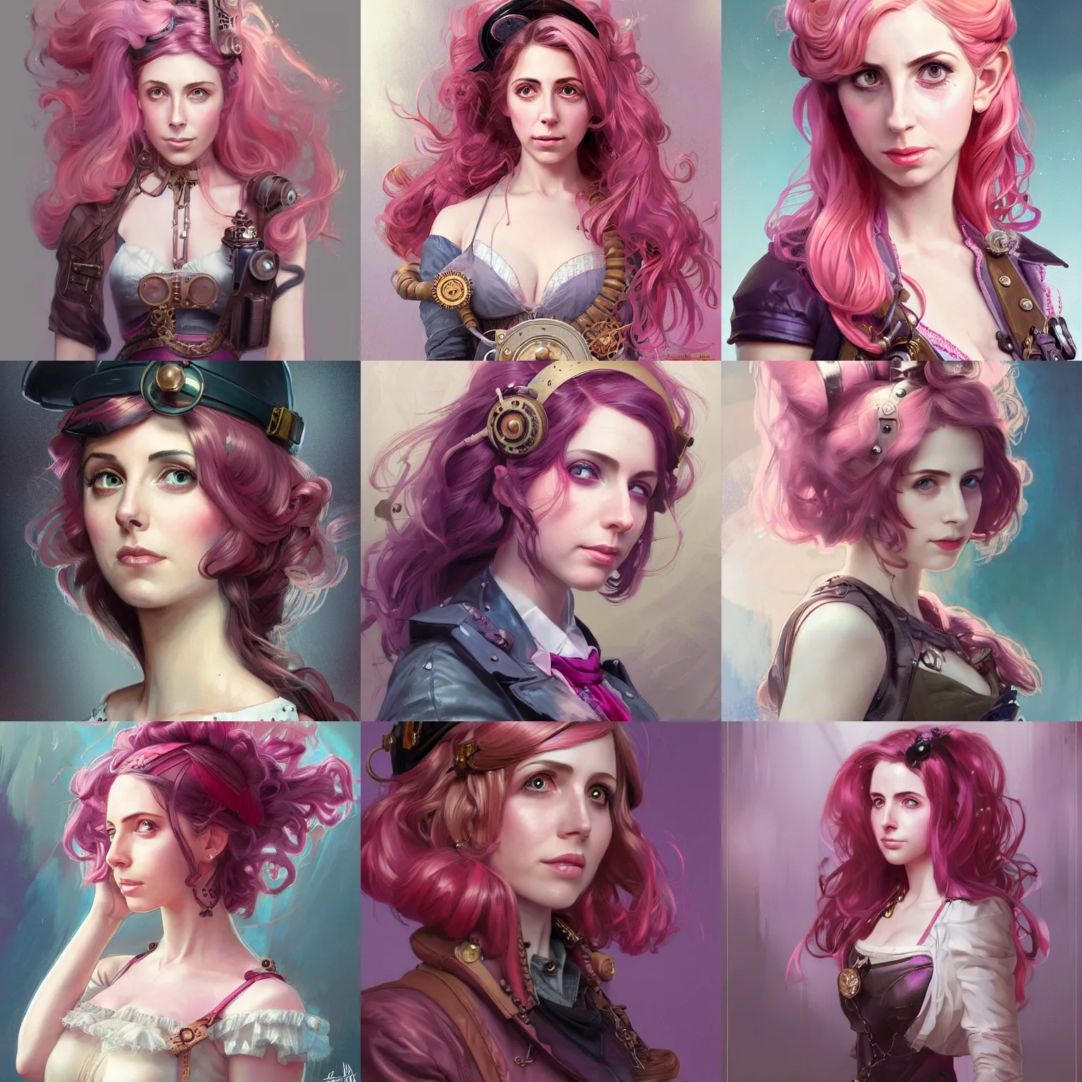 Prompt: steampunk inventor girl, pink hair, portrait, highly detailed, digital painting, looks like Alison Brie, artstation, concept art, sharp focus, illustration, art by artgerm and greg rutkowski and alphonse mucha