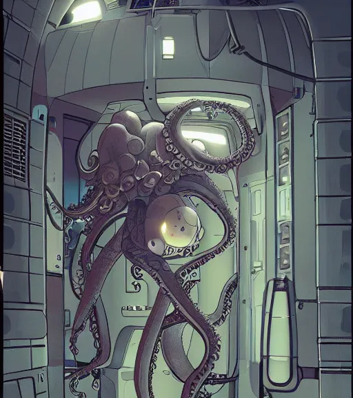 Image similar to a cybernetic realistic octopus in a space station, techwear, Industrial Scifi, detailed illustration, character portrait, by Martin Grip and Moebius