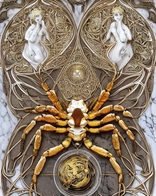 Prompt: white marble, white marble bas relief sculpture, white and gold kintsugi, feminine shapes, crabs, spiders, scorpions, tarantulas, stunning, art by hr geiger and ridley scott and alphonse mucha and josephine wall, highly detailed, intricately detailed, art nuevo, octane, 8 k, trending on artstation