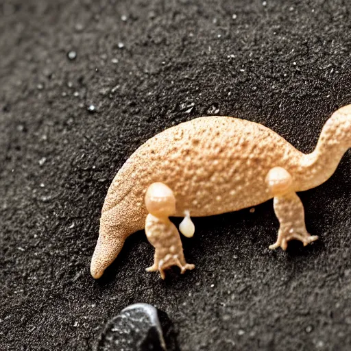 Image similar to a sticky wet dinosaur on a tiny pebble, macrophoto,