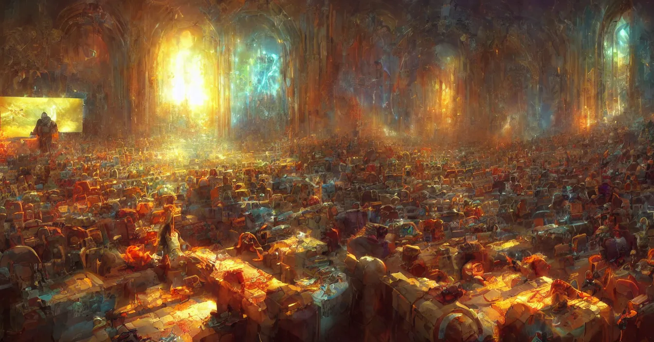 Prompt: Imagination of human souls sitting in cinema like room and watch very interested bright light of consciousness projecting their lives on the big wide screen, realistic image full of sense of spirituality, life meaning, meaining of physical reality, happy atmosphere, by Marc Simonetti