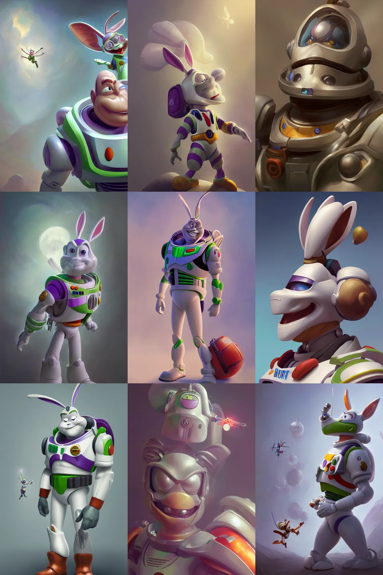 Prompt: bugs bunny as buzz lightyear, 3 d render, hyper - realistic detailed portrait, ruan jia, wlop. scifi, fantasy, magic the gathering, hyper detailed, octane render, concept art, peter mohrbacher