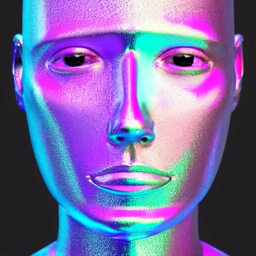 Image similar to 3d render of holographic human robotic head made of glossy iridescent, surrealistic 3d illustration of a human face non-binary, non binary model, 3d model human, cryengine, made of holographic texture, holographic material, holographic rainbow, concept of cyborg and artificial intelligence