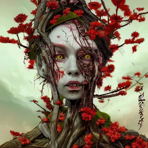 Image similar to a nature portrait of a p - zombie!!! lots of leaves and roots and cherry blossoms. natural lighting art dawn. highly detailed. colourful. moody. artstation, 4 k, horror, by gerald brom and ansel adams and studio ghibli, horror!!!, sakura flowers, lovely