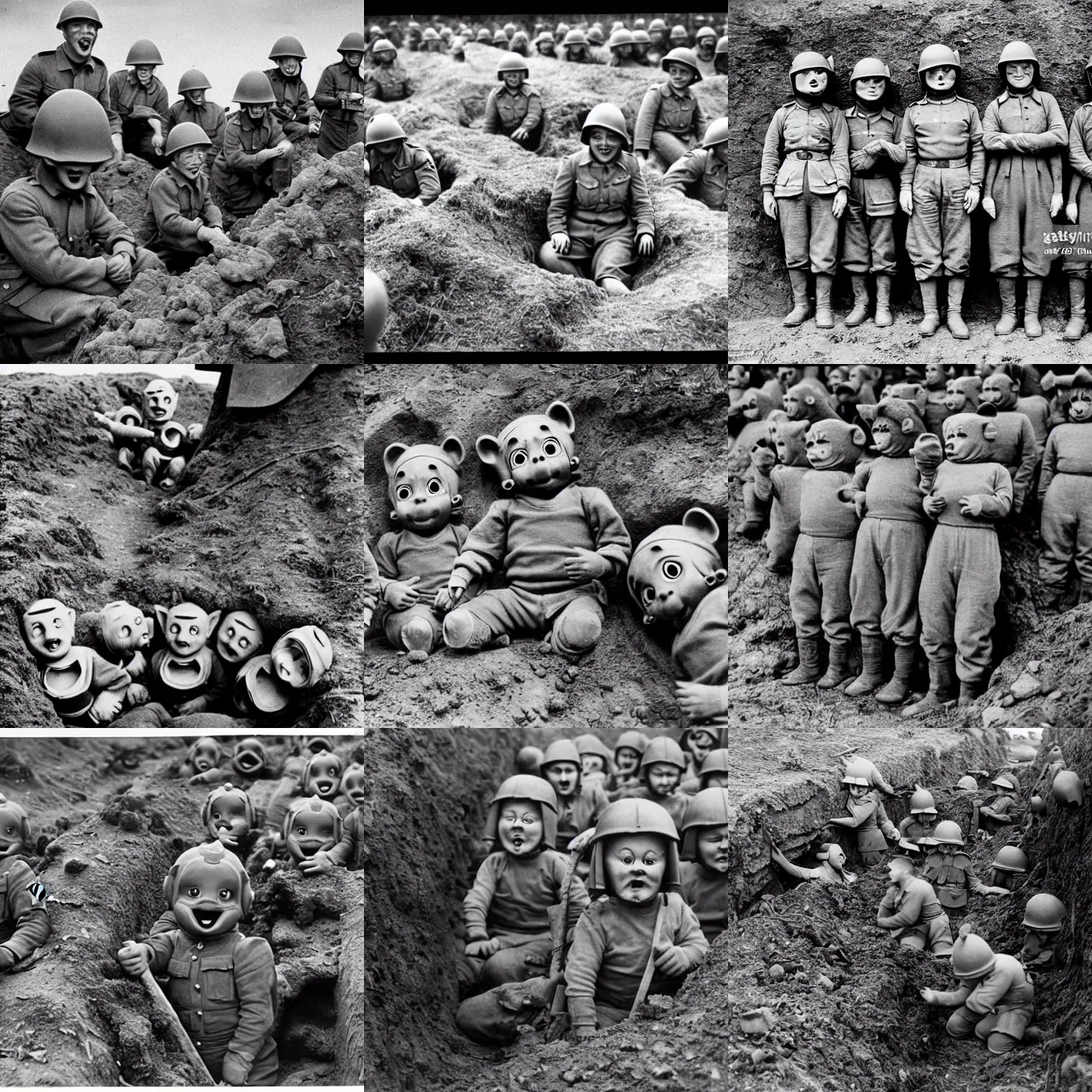 Prompt: vintage ww2 photograph of tellytubbies in the trenches. Historical, Getty images, b&w