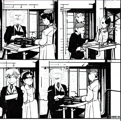 Prompt: inside the workshop with alan turing cracking the enigma with the help of albert einstein, anime!!!, manga style,