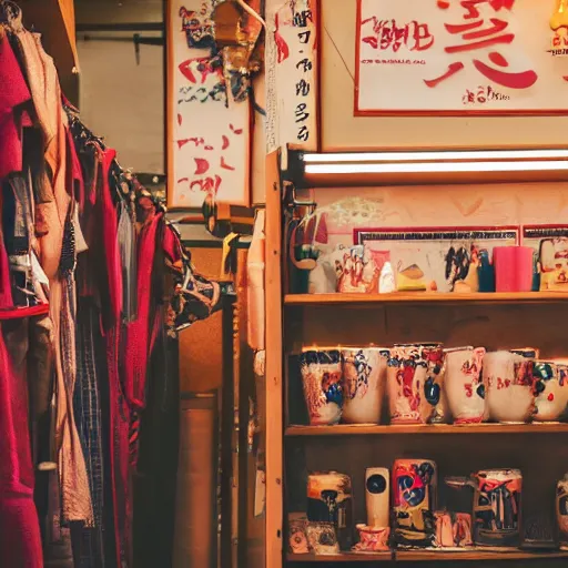 Image similar to shiba inu inside a japanese thrift store, cinematic light, warm colours, atmospheric, 8 k photography
