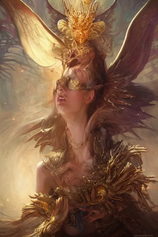 Prompt: beautiful cursed girl sorcerer transforming into crystals and golden dragon skin, casting magic spell, angel, fantasy, magic the gathering, hyper detailed, 3 d render, hyper realistic detailed portrait, peter mohrbacher, wlop, ruan jia, luis royo