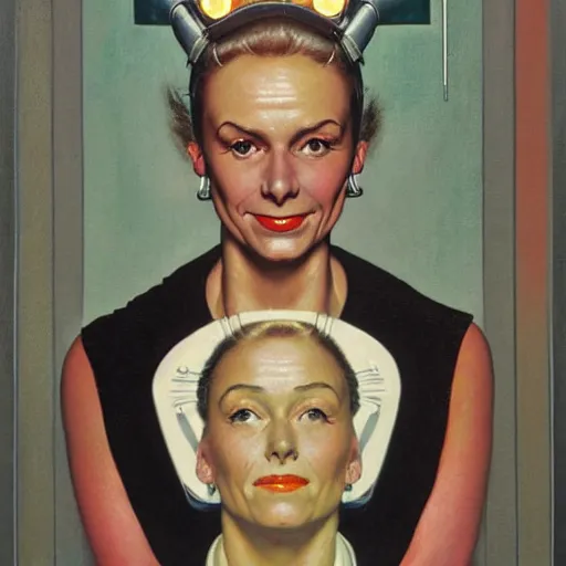 Prompt: Frontal portrait of a woman happy with her bright cybernetic enhancements. A painting by Norman Rockwell.