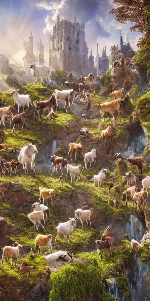 Image similar to a herd of goats! on stairs in a beautiful fantasy cathedral, epic, grandiose, many goats, magic, tall towers, gorgeous clouds, colorful, sunrays, digital painting, landscape, octane render, unreal engine, high detail, very realistic, by jacek yerka