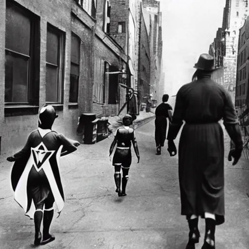 Prompt: 1 9 3 0 s photography of superheroes walking a new york alley