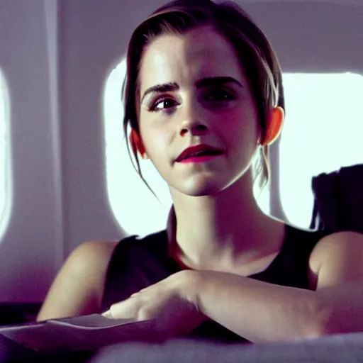 Image similar to emma watson, inside airplane, film still, low contrast,