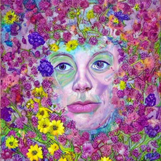 Image similar to This illustration is a large canvas, covered in a wash of color. In the center is a cluster of flowers, their petals curling and twisting in on themselves. The effect is ethereal and dreamlike, and the overall effect is one of serenity and peace. by Pipilotti Rist, by Tom Hammick, by Heather Theurer blocks