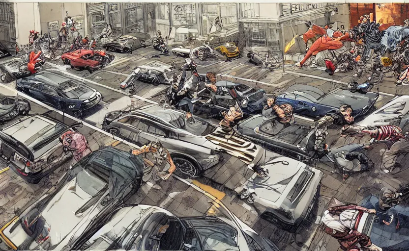 Image similar to action shots of a high speed car chase through a crowded street illustrated by jung gi kim, katsuya terada, jean - david morvan. extremely detailed illustration, action shots, striking perspective