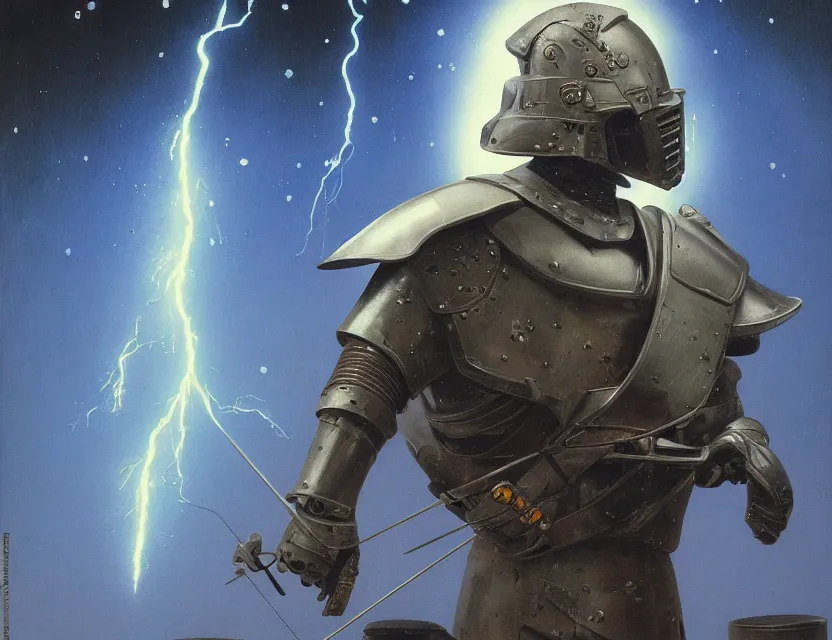 Image similar to a detailed portrait painting of a bounty hunter wearing combat armour and a reflective visor. Movie poster, cinematic sci-fi poster. Flight suit, cloth and metal, accurate anatomy. Samurai influence, knight influence. fencing armour. portrait symmetrical and science fiction theme with lightning, aurora lighting. clouds and stars. Futurism by moebius beksinski carl spitzweg moebius. baroque elements. baroque element. intricate artwork by caravaggio. Oil painting. Trending on artstation. 8k