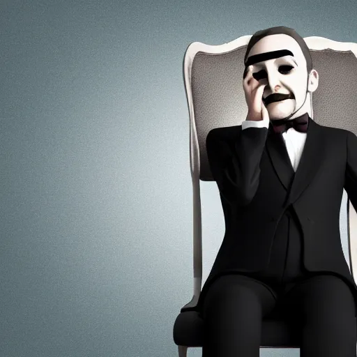 Prompt: guy with an eye as a head sitting in a chair wearing a tuxedo 4k, HD, photorealistic